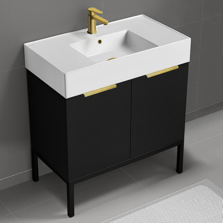 Bathroom Vanity Modern Black Bathroom Vanity, 32 Inch, Gold Handles, Free Standing Nameeks DERIN589